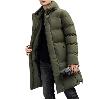 Herren Daunenparka Winterjacke mit Kapuze Stehkragen Lang Schwarz