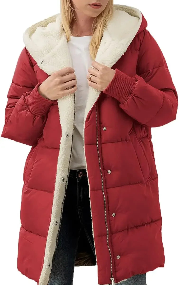 Damen Langer Steppmantel mit Kapuze Gefüttert Winter Jacke