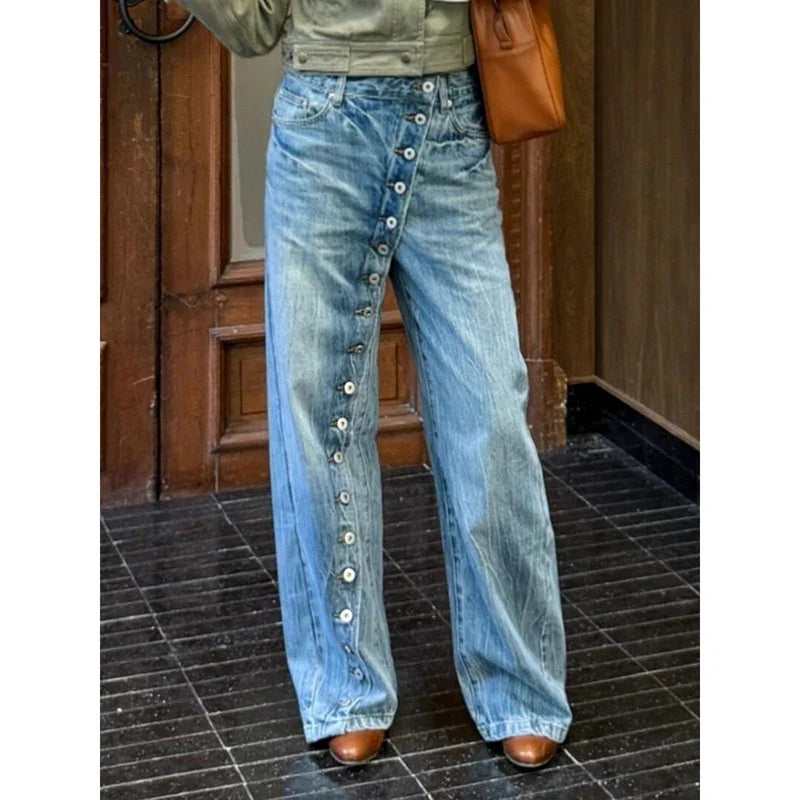 Jeans Damen Weite Beine Hoher Bund Knopfleiste Blau Weit Geschnitten