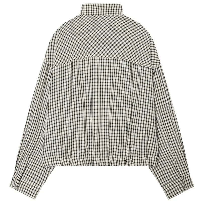 Damen Karo Hemd Stehkragen Oversize Bluse Lange Ärmel