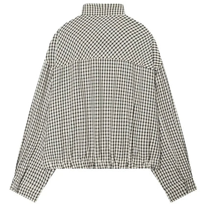 Damen Karo Hemd Stehkragen Oversize Bluse Lange Ärmel