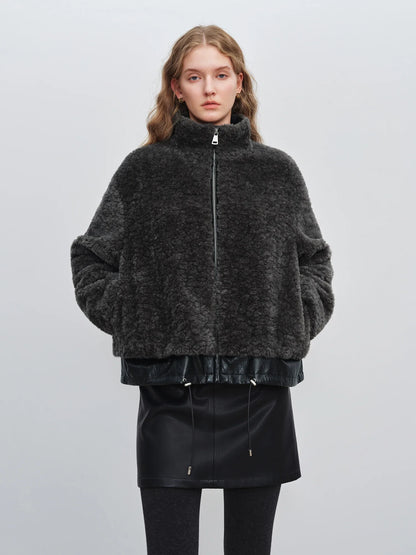 Damen Stehkragen Jacke Dunkelgrau mit Reißverschluss und Saumdetails