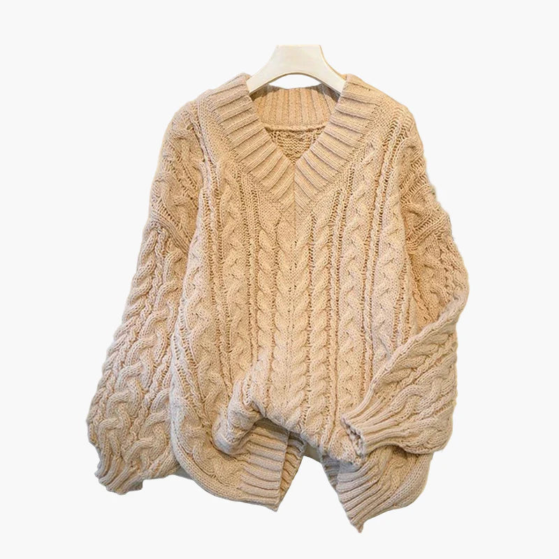 Damen Strickpullover im Zopfmuster-Stil – Gemütlicher V-Ausschnitt für Alltag & Freizeit