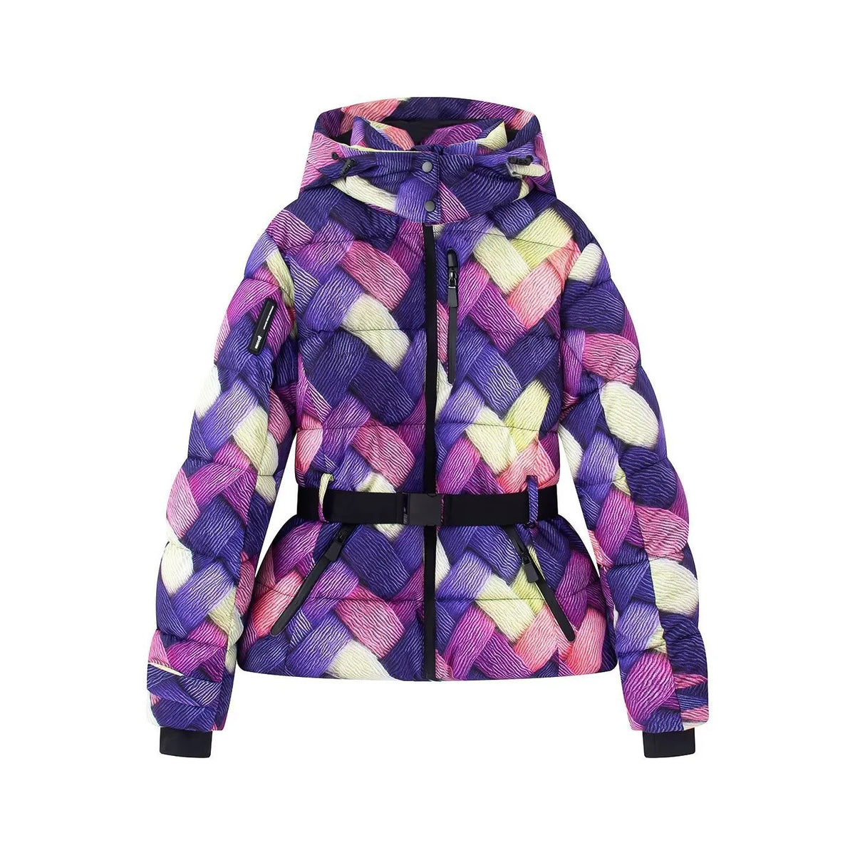 Gepolsterte Damen Winterjacke mit Kapuze und Gürtel, kurzer Schnitt, in Schwarz