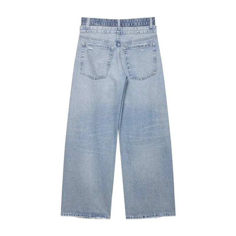Damen Jeans Wide Leg Hellblau Used-Look mit Rissen High Waist