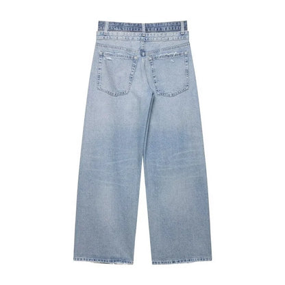 Damen Jeans Wide Leg Hellblau Used-Look mit Rissen High Waist