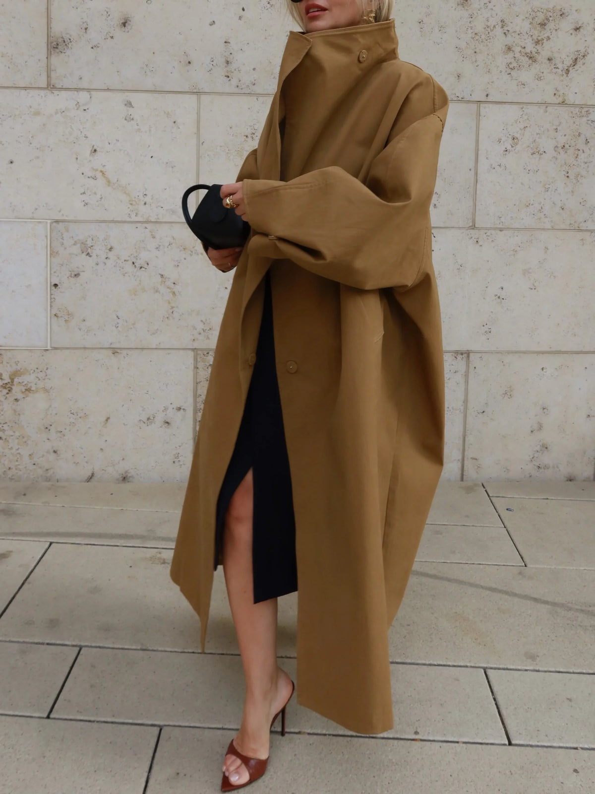 Damen Oversize Trenchcoat Mantel Lang Windbreaker Khaki