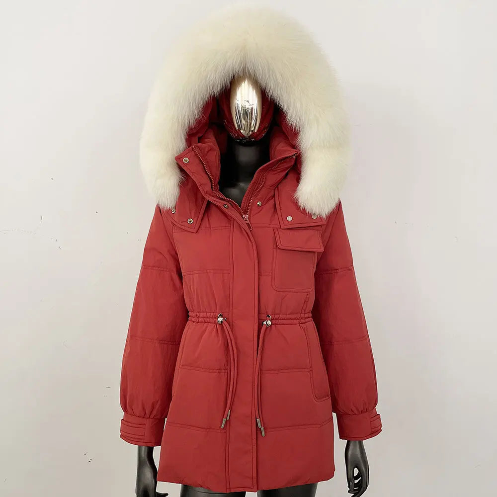 Damen Winter Parka mit Kapuze und Fellkragen Tunnelzug Weiß