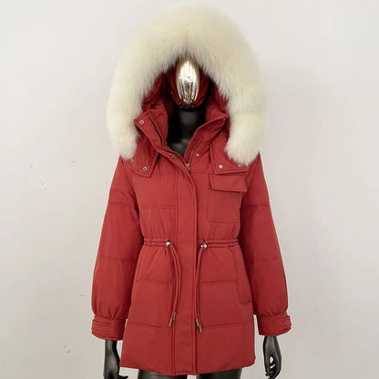 Damen Winter Parka mit Kapuze und Fellkragen Tunnelzug Weiß