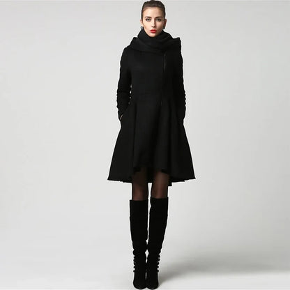 Damen Wintermantel Schwarz mit Stehkragen Asymmetrischem Saum & Reißverschluss
