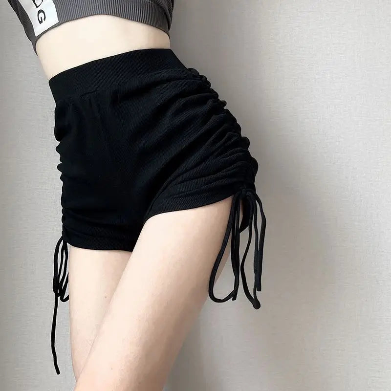 Damen High-Waist Shorts gerippt mit Kordelzug Raffung