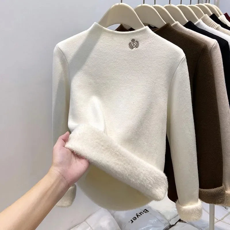 Damen Stehkragen Pullover Plüschfutter Langarm Sweatshirt Fleece Warm