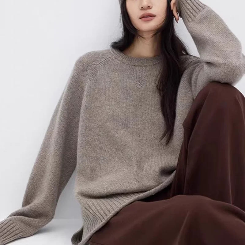 Damen Pullover Rundhalsausschnitt Oversize Langarm Strickpullover