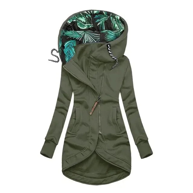 Damen Hoodie Jacke Lang Asymmetrischer Reißverschluss Kapuze mit Blattmuster