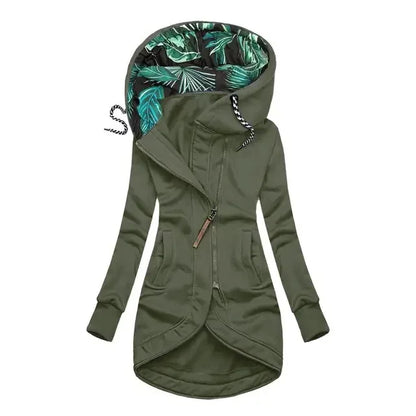 Damen Hoodie Jacke Lang Asymmetrischer Reißverschluss Kapuze mit Blattmuster