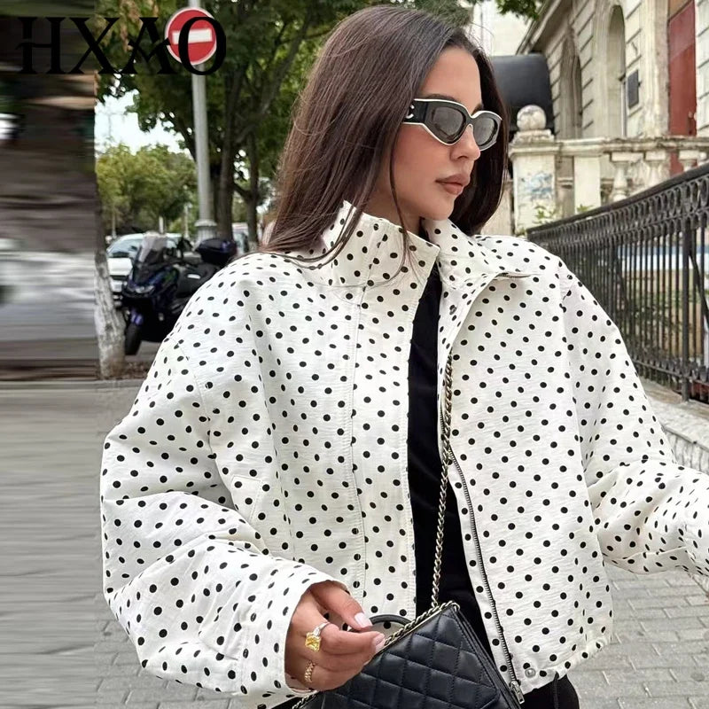 Damen Kurzjacke mit Stehkragen und Tupfenmuster - Weiß Schwarz