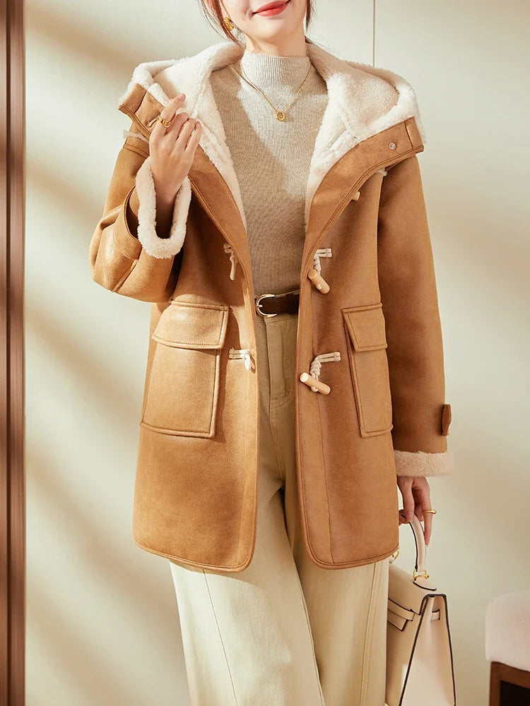Damen Dufflecoat mit Kapuze und Plüschfutter, Karamellbraun