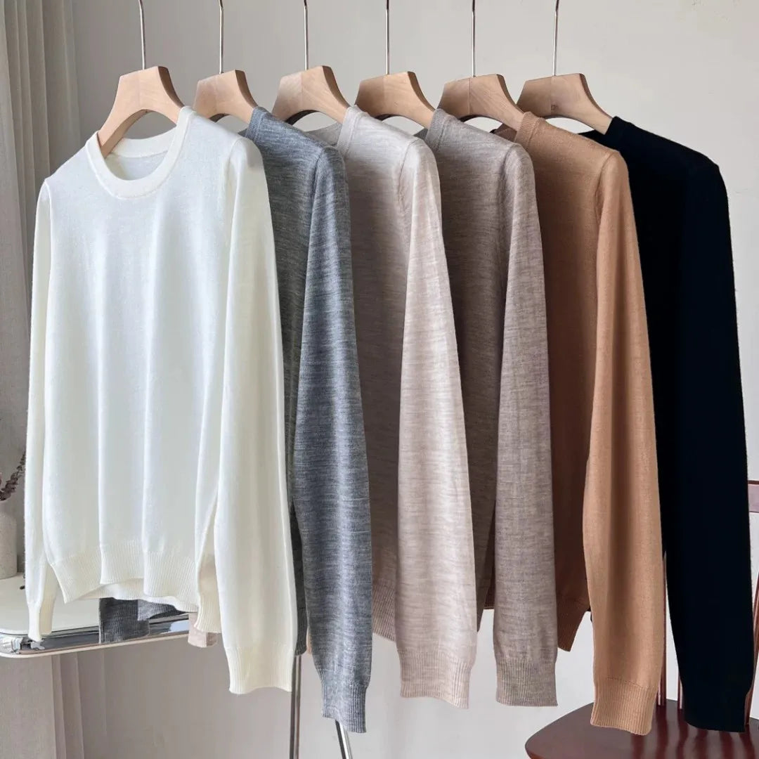 Damen Rundhals Pullover Langarm Feinstrick Basic Shirt Mehrfarbig