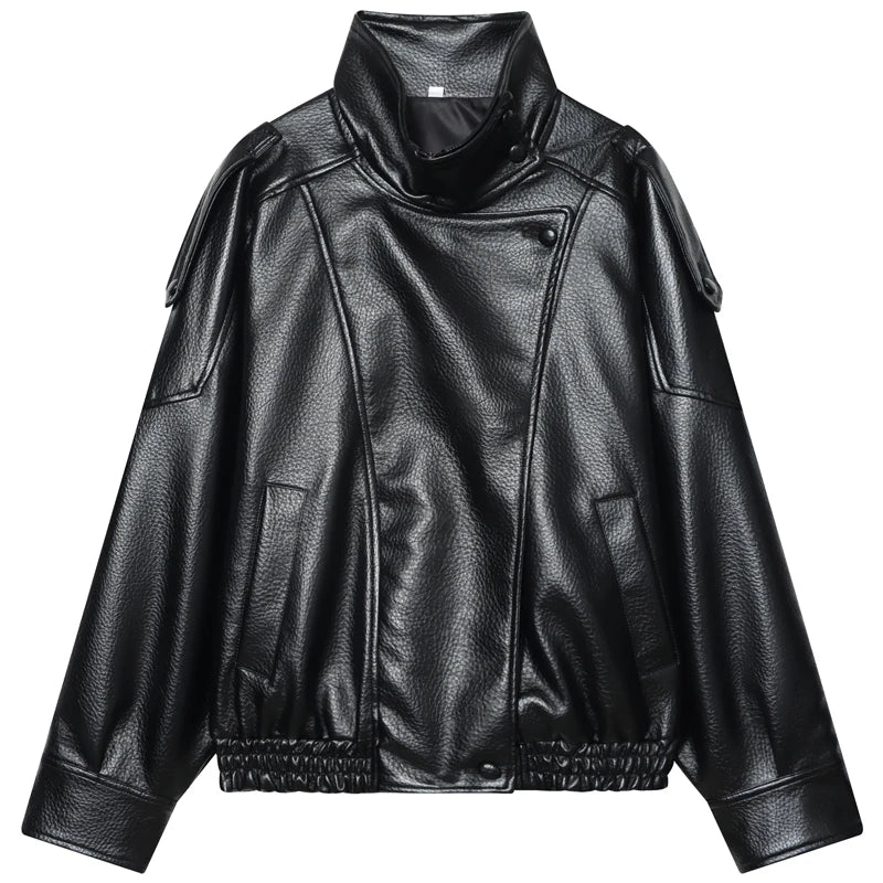 Damen Jacke im Leder-Look mit Stehkragen und asymmetrischem Verschluss