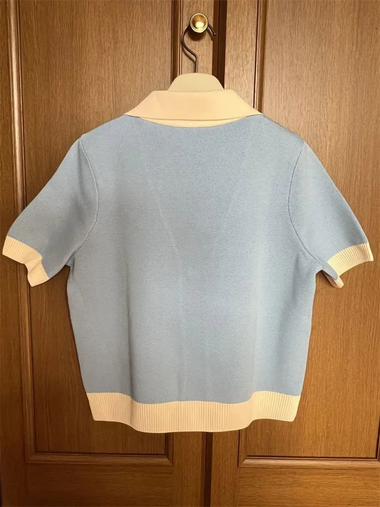 Kurzärmeliger Damen Cardigan mit Kragen & Taschen, Hellblau/Creme