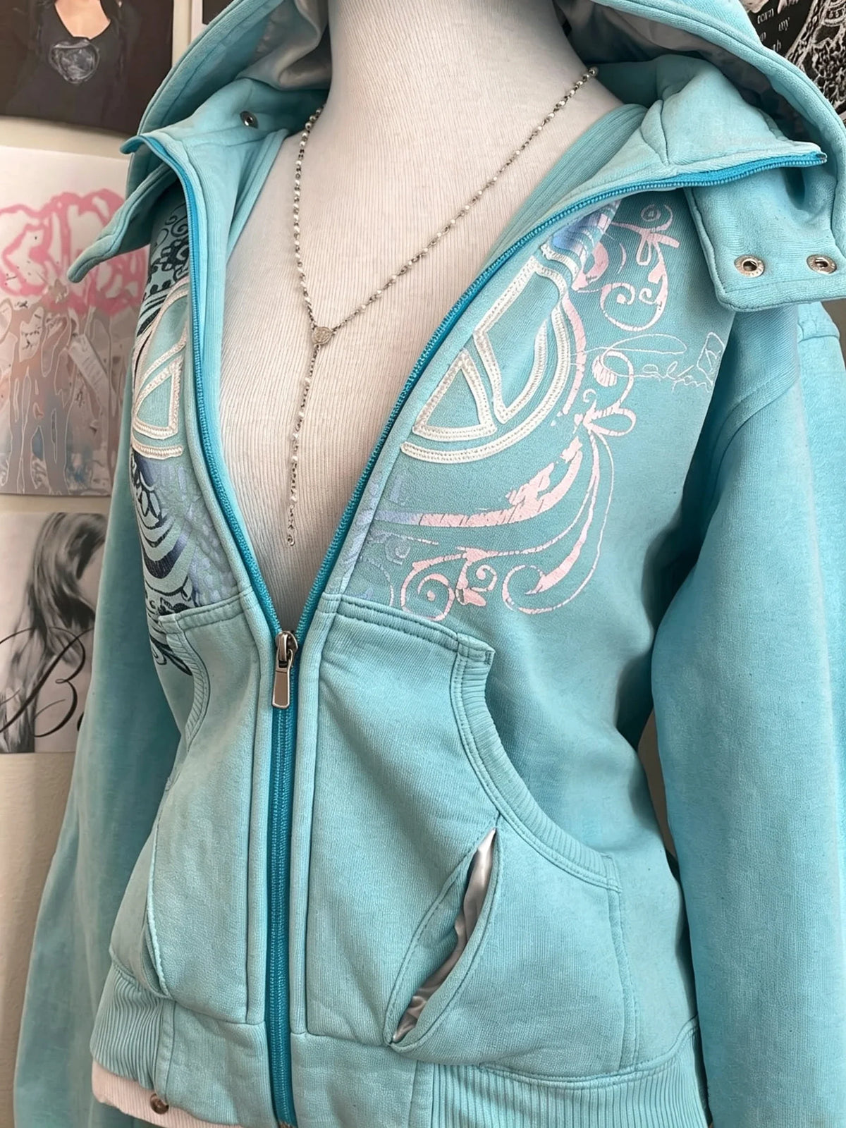 Damen Kapuzenjacke mit Reißverschluss Türkis mit Muster