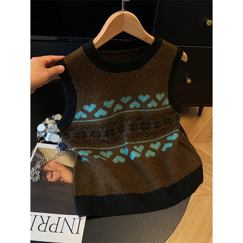 Strick Weste Damen Rundhals Fair Isle Muster Herz Schneeflocke