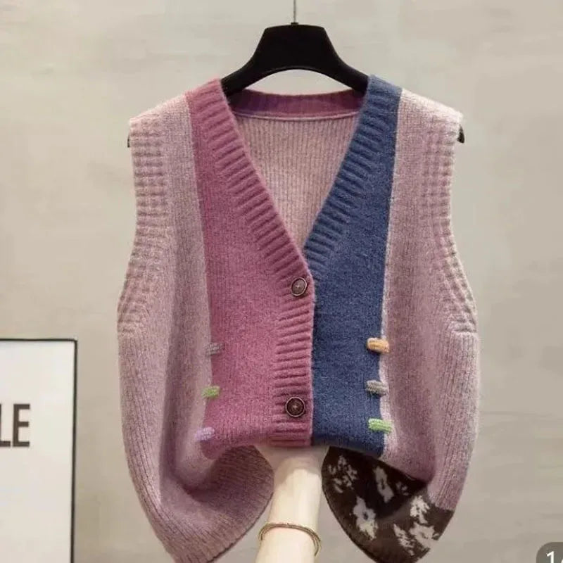 Damen Strickweste V-Ausschnitt Farbmix Knopfleiste Ärmellos