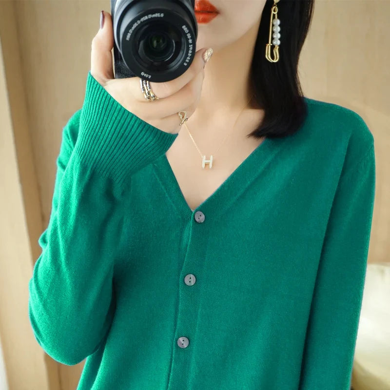 Damen Cardigan V-Ausschnitt Langarm Strickjacke mit Knöpfen
