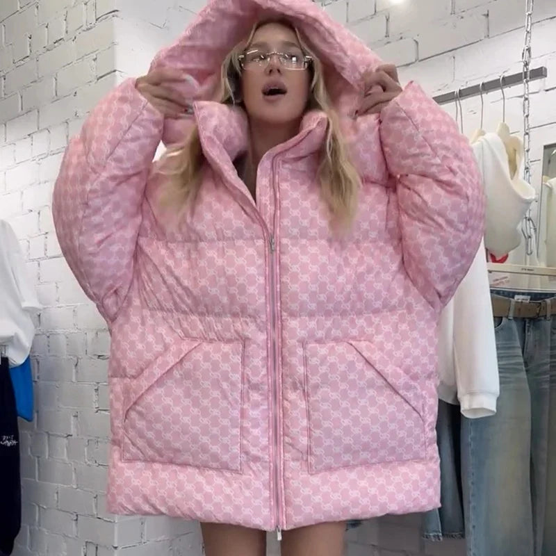 Damen Oversize Steppjacke Gemustert mit Kapuze