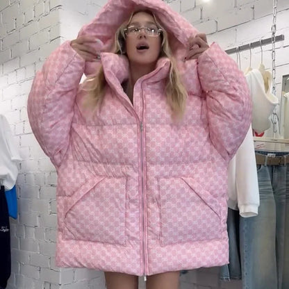Damen Oversize Steppjacke Gemustert mit Kapuze