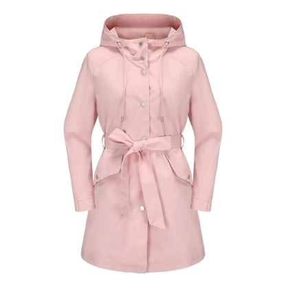 Damen Regenjacke mit Kapuze, Tunnelzug und Gürtel, Hellbeige