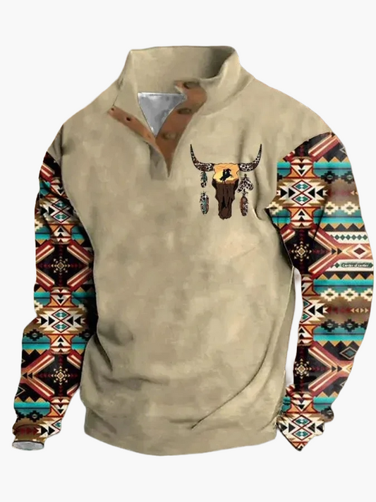 Herren Vintage Western Pullover mit Aztekenmuster und Halbknopfleiste – Freizeit Langarmshirt