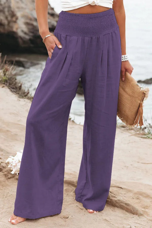 Damen Leinenhose mit weitem Bein und gerafftem Bund, lockere Freizeithose