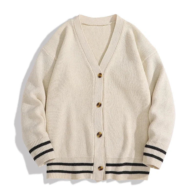 Unisex Strick Cardigan mit V-Ausschnitt und Streifen Schwarz