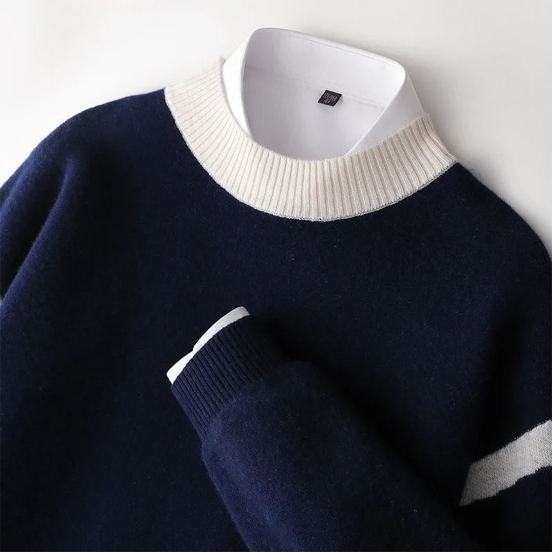 Herren Pullover Strick Rundhals Karamellbraun mit weißen Streifen