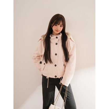 Kurze Damen Cordjacke mit Kapuze und Teddyfutter Rosa