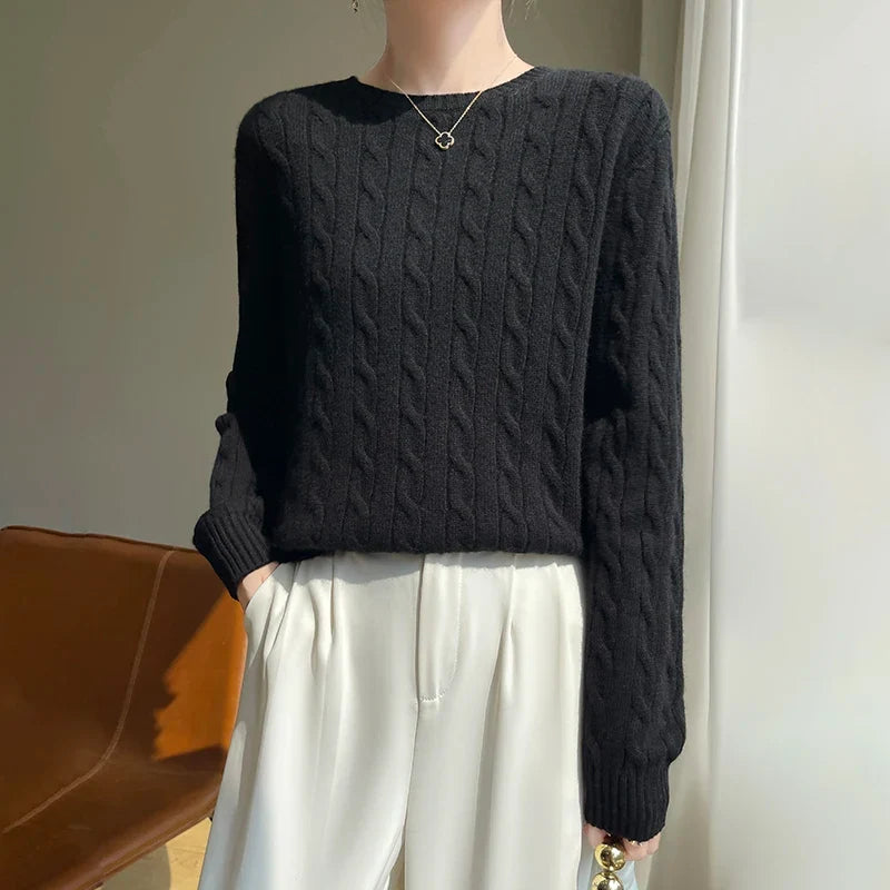 Damen Strickpullover Zopfmuster Rundhals Langarm