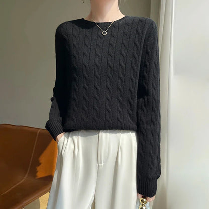 Damen Strickpullover Zopfmuster Rundhals Langarm