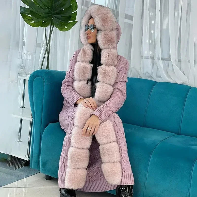 Damen Strickmantel Lang mit Kunstfellbesatz Zopfmuster Kapuze Winter