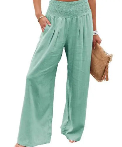 Damen Leinenhose mit weitem Bein und gerafftem Bund, lockere Freizeithose
