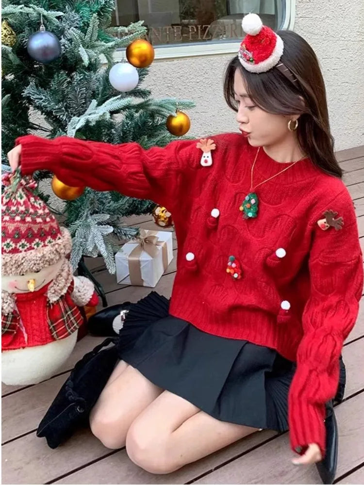 Damen Weihnachtspullover mit Zopfmuster & festlichen Applikationen – Weihnachten Strickpullover