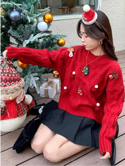 Damen Weihnachtspullover mit Zopfmuster & festlichen Applikationen – Weihnachten Strickpullover