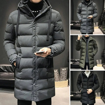 Herren Langer Winter Steppmantel mit Kapuze – Warm gefüttert