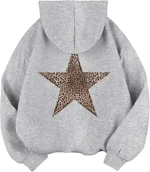 Hoodie Damen mit Leoparden-Stern Aufdruck auf dem Rücken – Oversized Kapuzenpullover