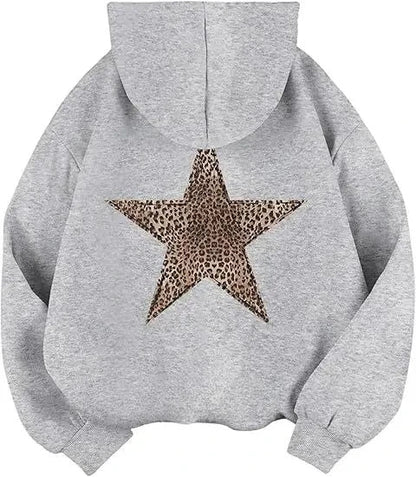 Hoodie Damen mit Leoparden-Stern Aufdruck auf dem Rücken – Oversized Kapuzenpullover