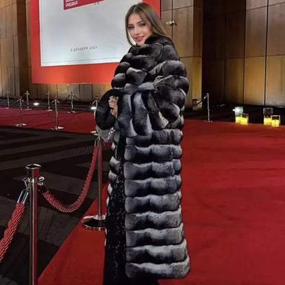 Damen Mantel Lang Pelzoptik Gestreift Grau Schwarz Winter Elegant