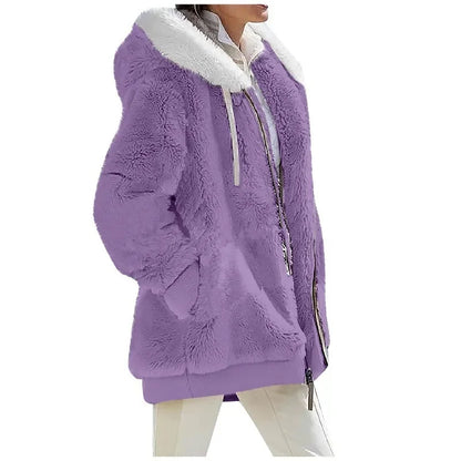 Damen Flauschige Kapuzenjacke mit Reißverschluss und Bauchtaschen