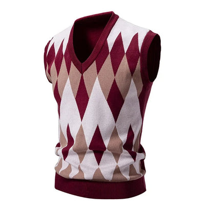 Herren Argyle Strickweste V-Ausschnitt Ärmellose Pullover Weste