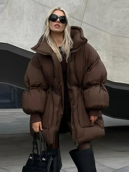 Damen Steppjacke Braun Oversize Hochkragen Kordelzug