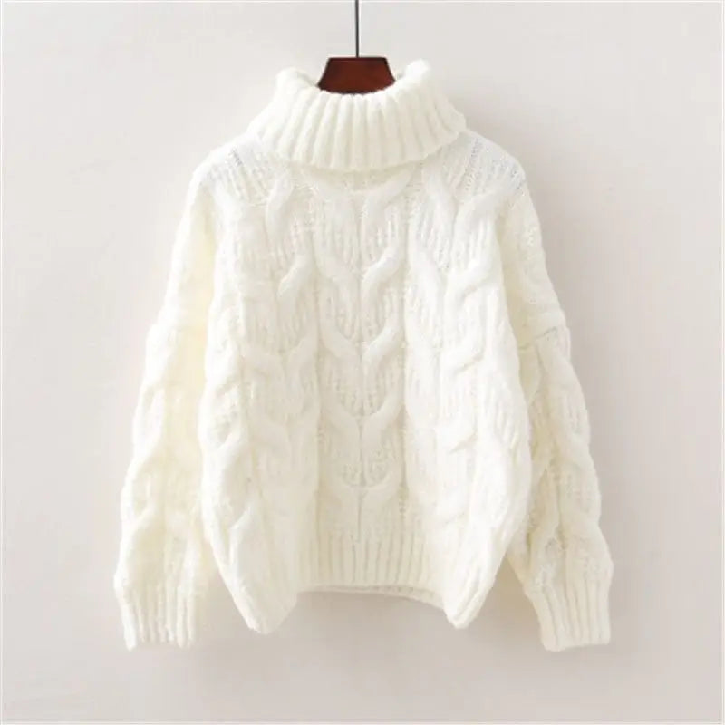 Damen Rollkragenpullover Gelb Strick Zopfmuster Oversized